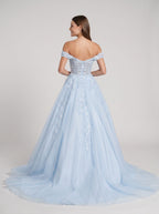 Mist Tulle A-Line Off-the-Shoulder Corset Back Floor-Length Dress with Sequin Embroidery - Curvevia