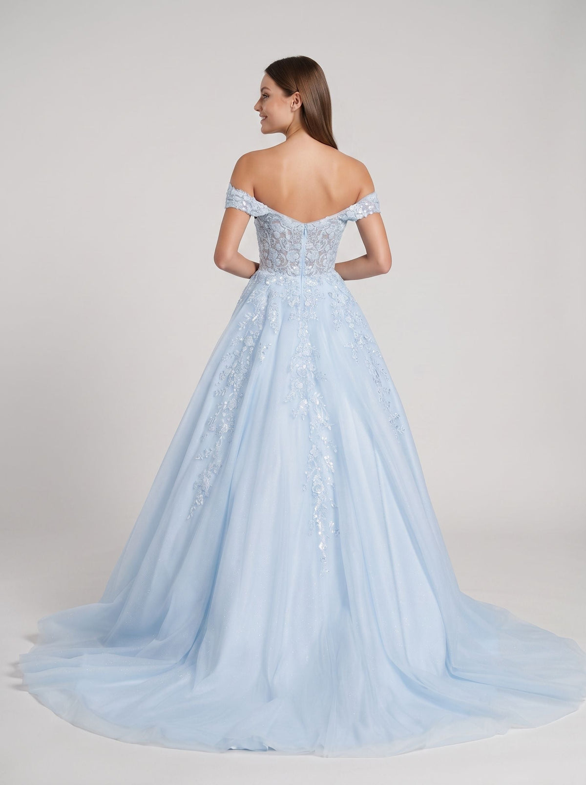 Mist Tulle A-Line Off-the-Shoulder Corset Back Floor-Length Dress with Sequin Embroidery - Curvevia