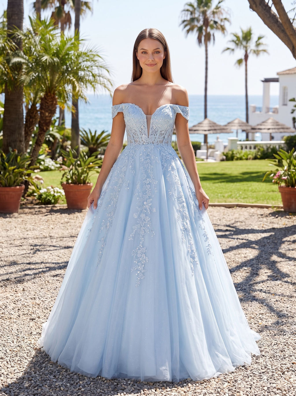Mist Tulle A-Line Off-the-Shoulder Corset Back Floor-Length Dress with Sequin Embroidery - Curvevia