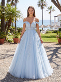 Mist Tulle A-Line Off-the-Shoulder Corset Back Floor-Length Dress with Sequin Embroidery - Curvevia