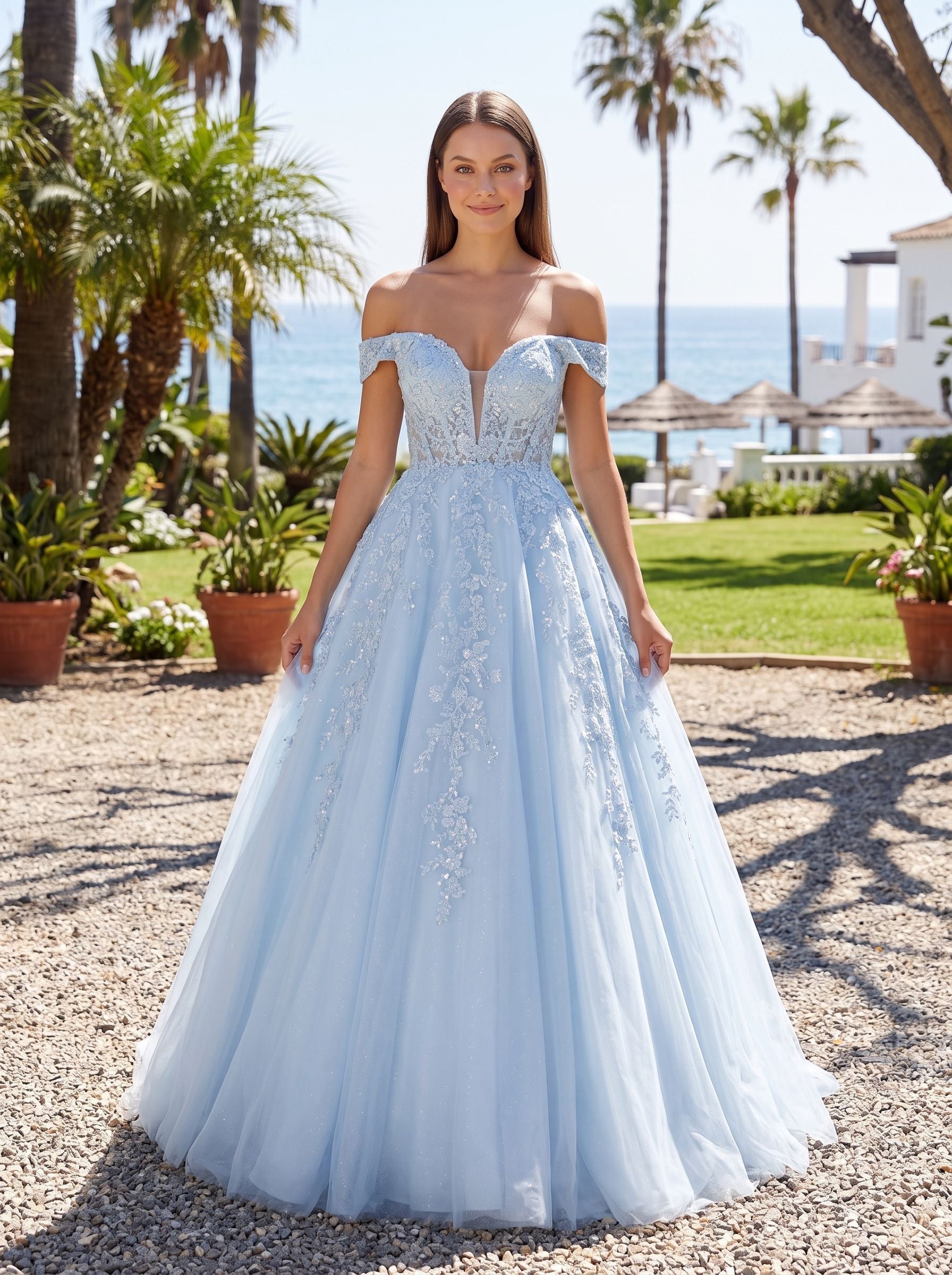 Mist Tulle A-Line Off-the-Shoulder Corset Back Floor-Length Dress with Sequin Embroidery - Curvevia