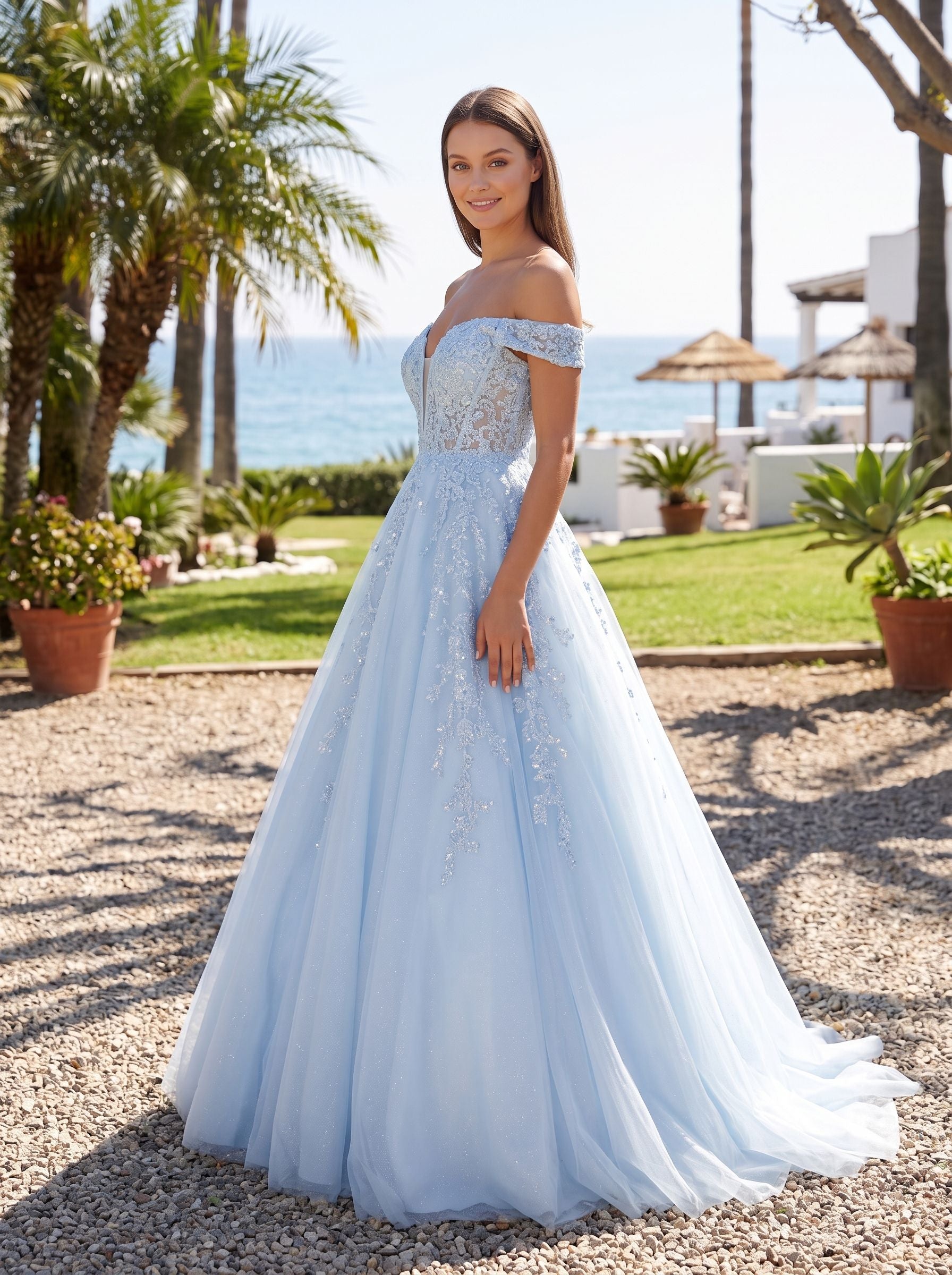 Mist Tulle A-Line Off-the-Shoulder Corset Back Floor-Length Dress with Sequin Embroidery - Curvevia