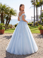 Mist Tulle A-Line Off-the-Shoulder Corset Back Floor-Length Dress with Sequin Embroidery - Curvevia