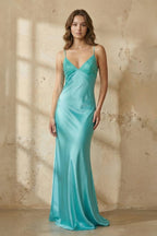 Blue Spaghetti Straps Sheath Satin Long Prom Dresses With Appliques - Curvevia