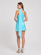 Blue Satin A-Line One Shoulder Side Zip Mini Dress with Chiffon Scarf Overlay - Curvevia