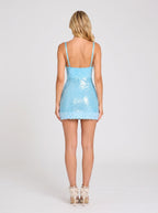 Sky Blue Sequin Mesh and Lace Sheath Sweetheart Backless Mini Dress with Lace Bodice - Curvevia