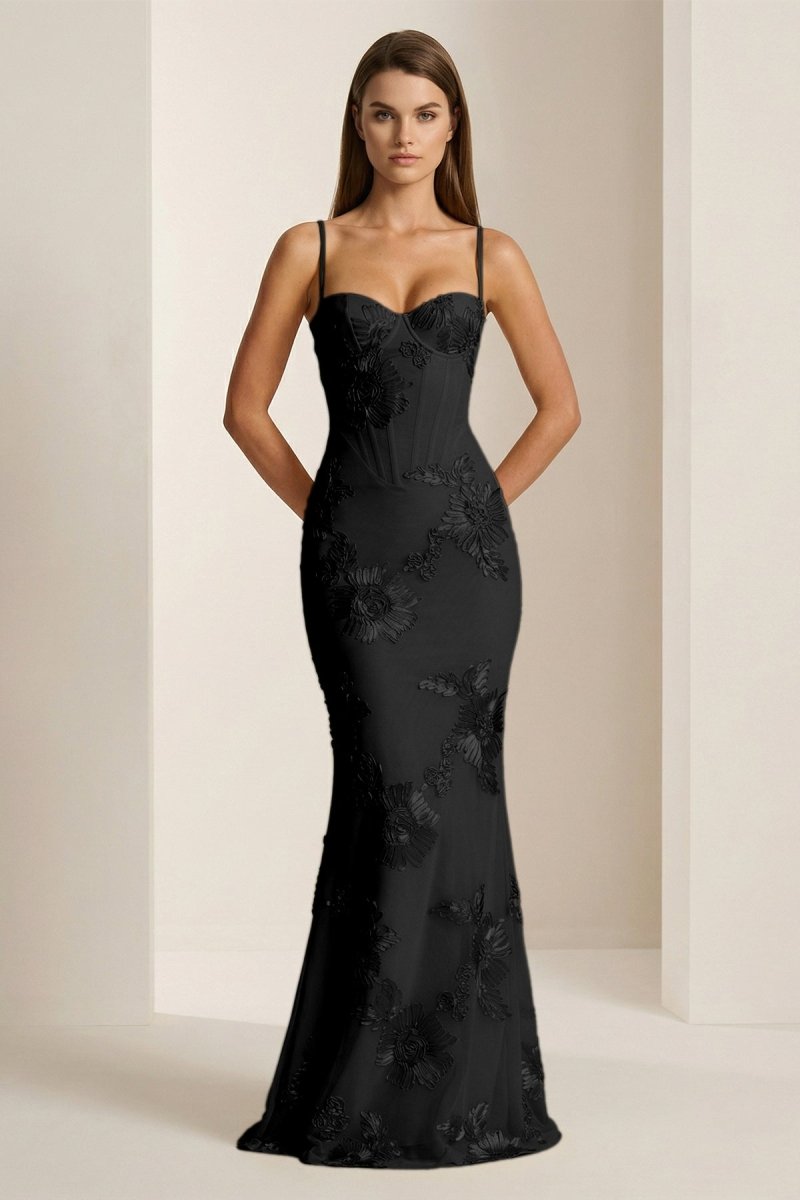 Yellow Spaghetti Straps Sheath Long Prom Dresses With Floral Embroidery - Curvevia