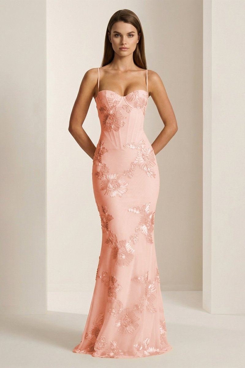 Yellow Spaghetti Straps Sheath Long Prom Dresses With Floral Embroidery - Curvevia