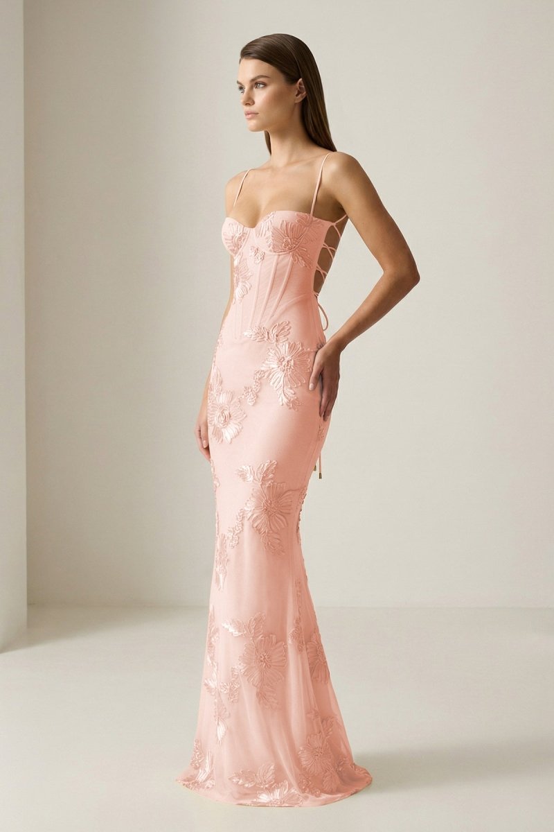 Yellow Spaghetti Straps Sheath Long Prom Dresses With Floral Embroidery - Curvevia