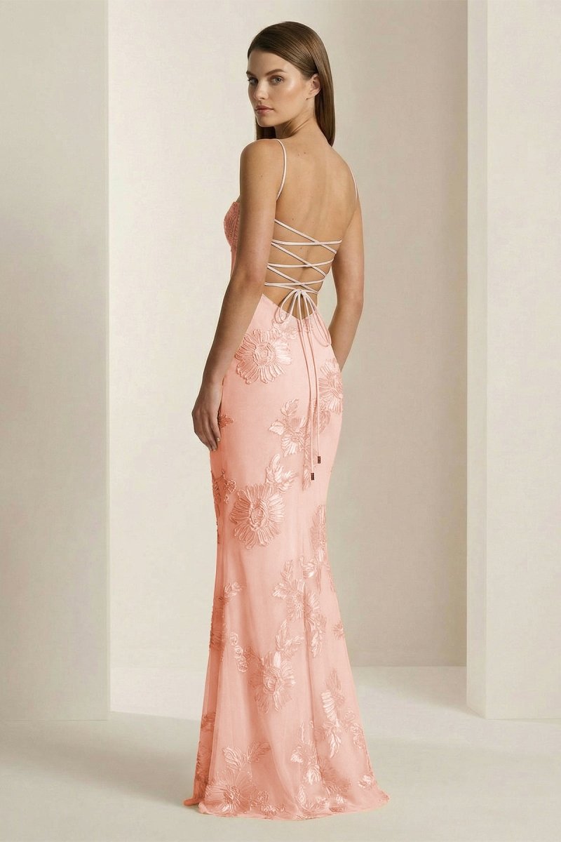 Yellow Spaghetti Straps Sheath Long Prom Dresses With Floral Embroidery - Curvevia