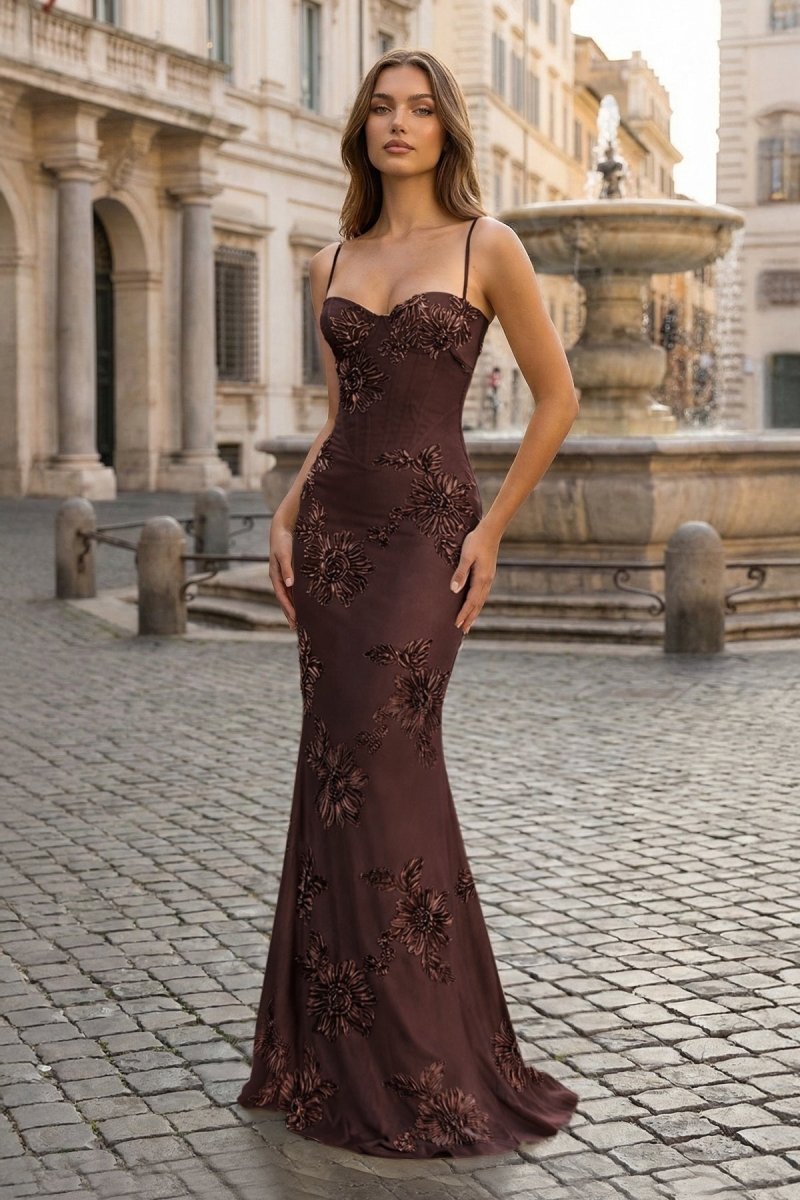 Yellow Spaghetti Straps Sheath Long Prom Dresses With Floral Embroidery - Curvevia