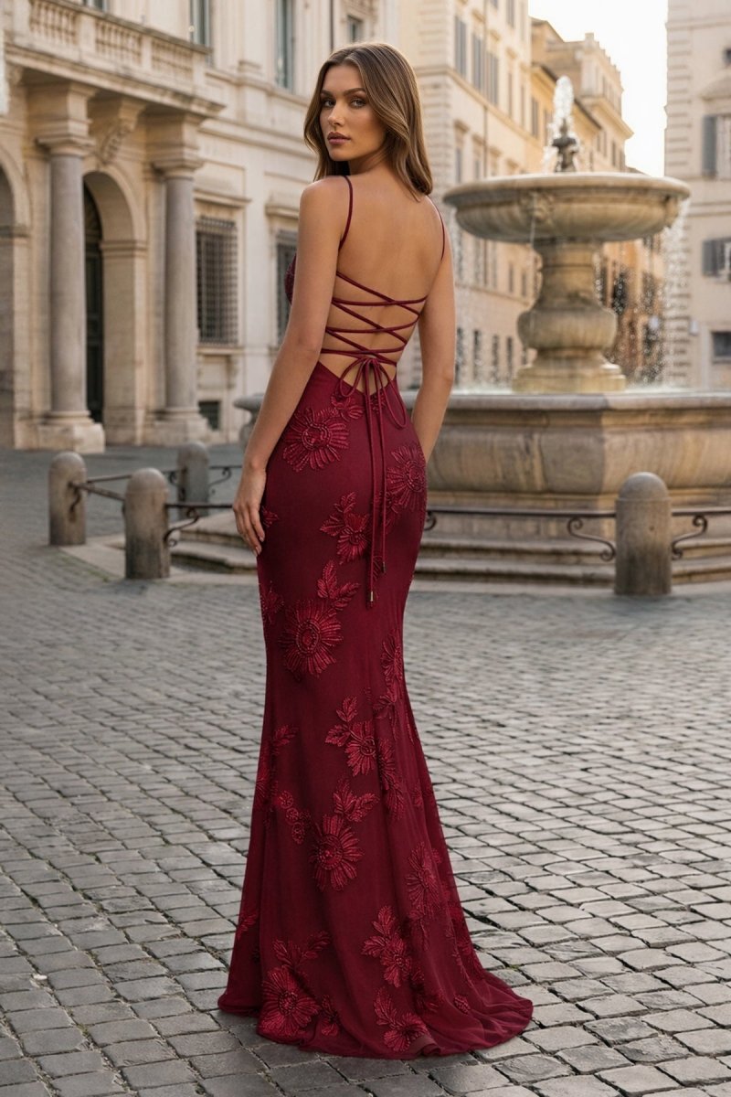 Yellow Spaghetti Straps Sheath Long Prom Dresses With Floral Embroidery - Curvevia