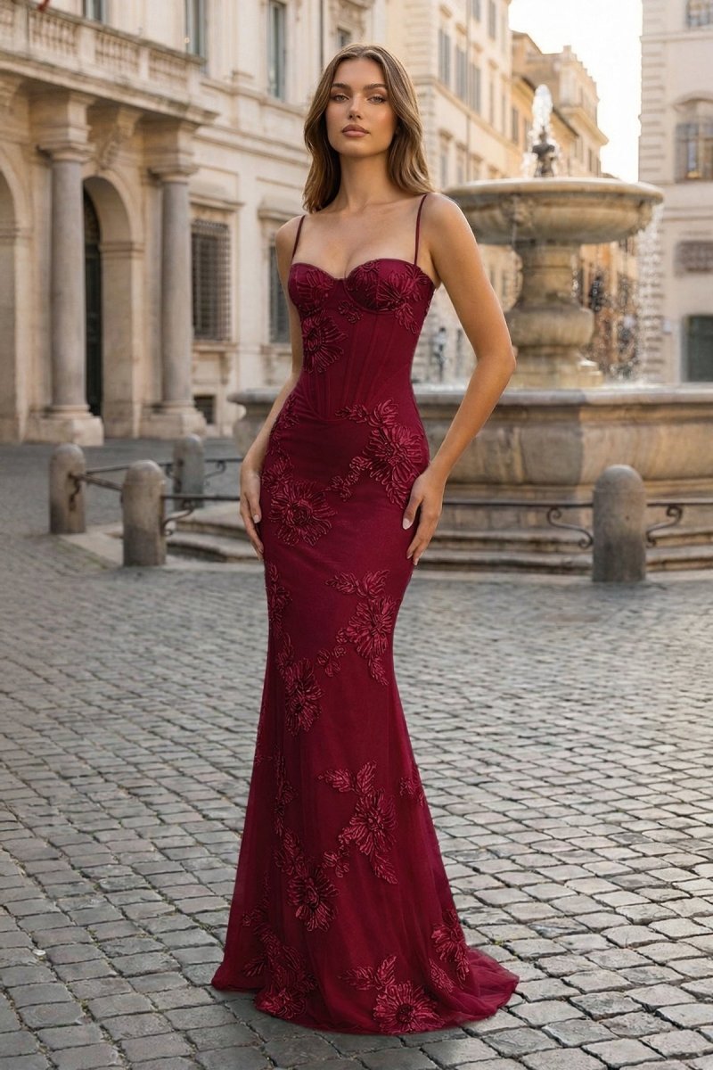 Yellow Spaghetti Straps Sheath Long Prom Dresses With Floral Embroidery - Curvevia