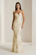 Yellow Spaghetti Straps Sheath Long Prom Dresses With Floral Embroidery - Curvevia