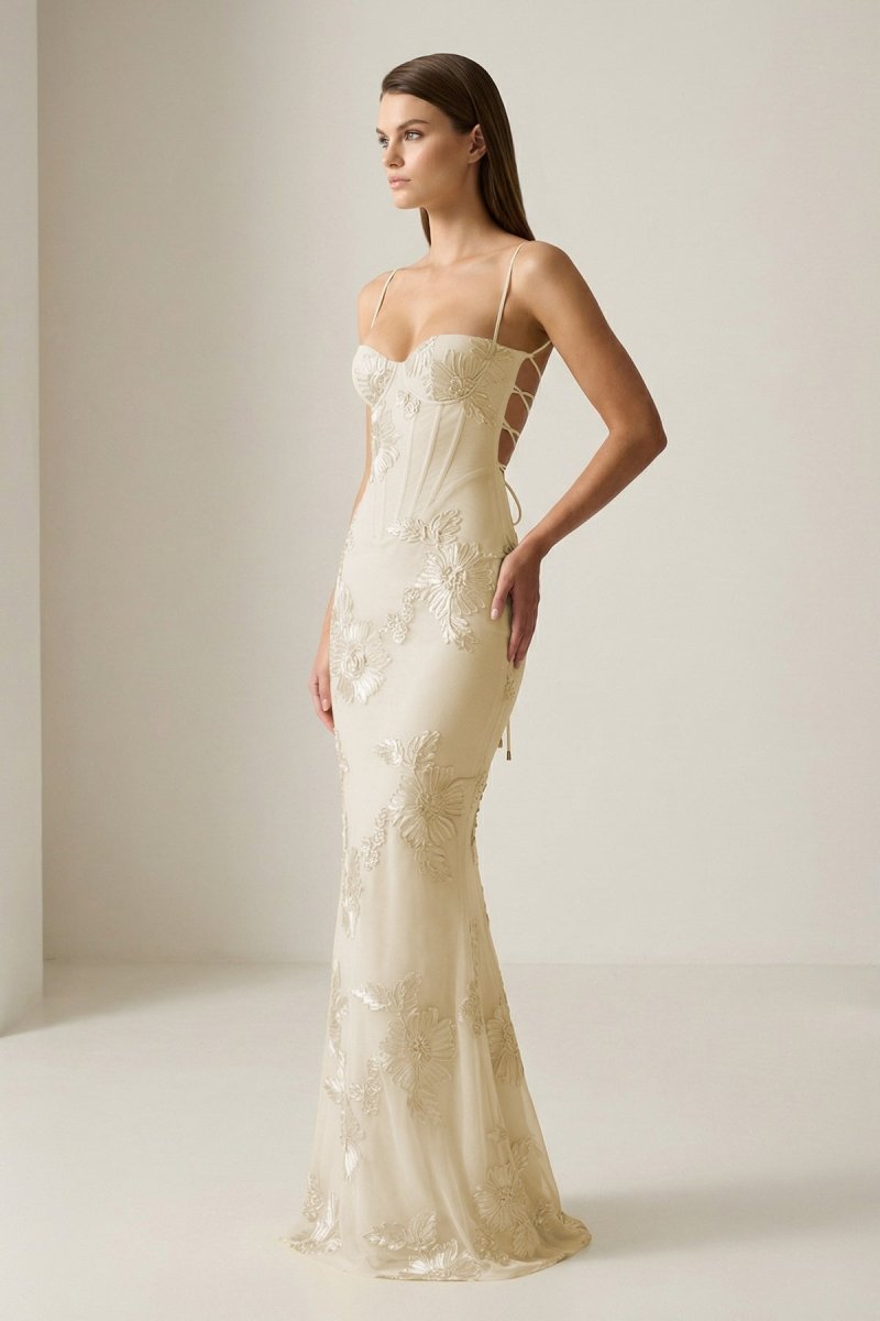 Yellow Spaghetti Straps Sheath Long Prom Dresses With Floral Embroidery - Curvevia