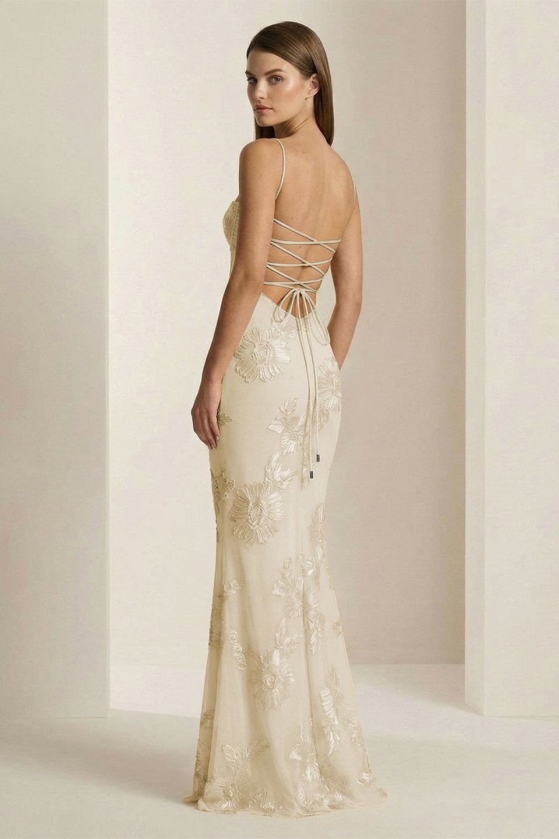 Yellow Spaghetti Straps Sheath Long Prom Dresses With Floral Embroidery - Curvevia