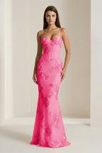 Yellow Spaghetti Straps Sheath Long Prom Dresses With Floral Embroidery - Curvevia