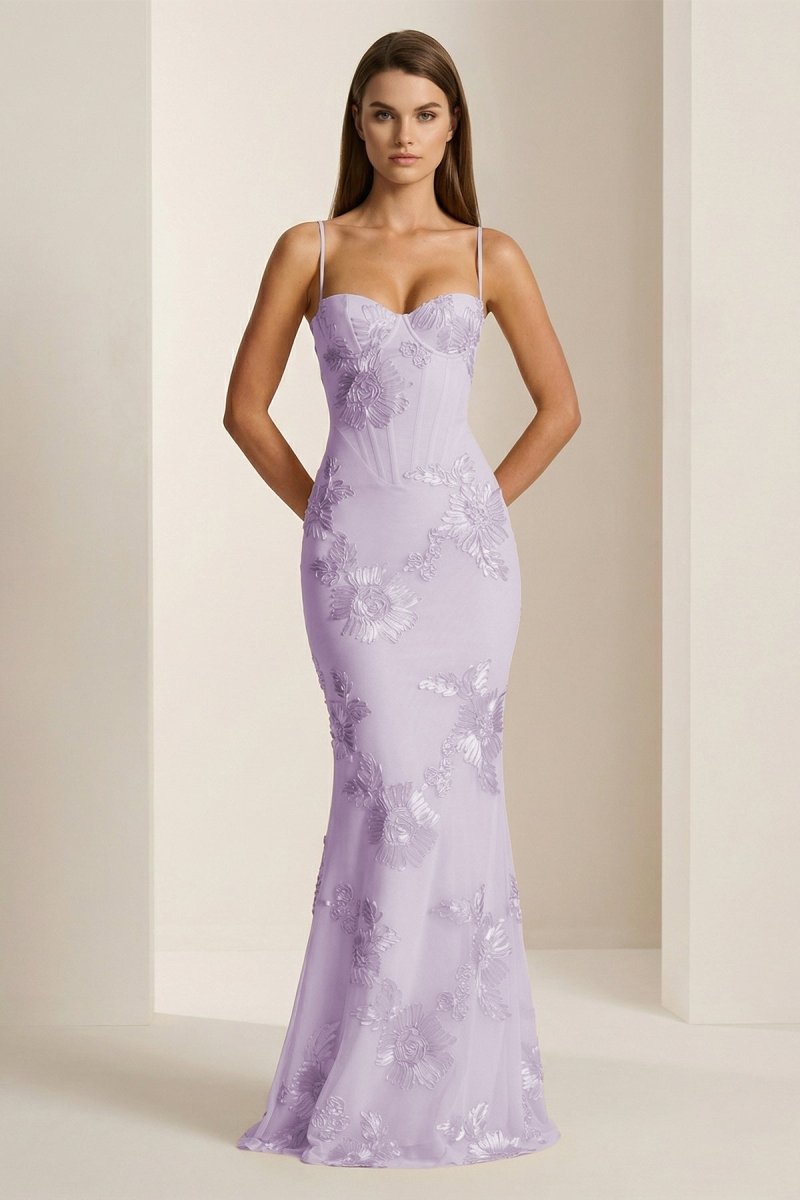 Yellow Spaghetti Straps Sheath Long Prom Dresses With Floral Embroidery - Curvevia