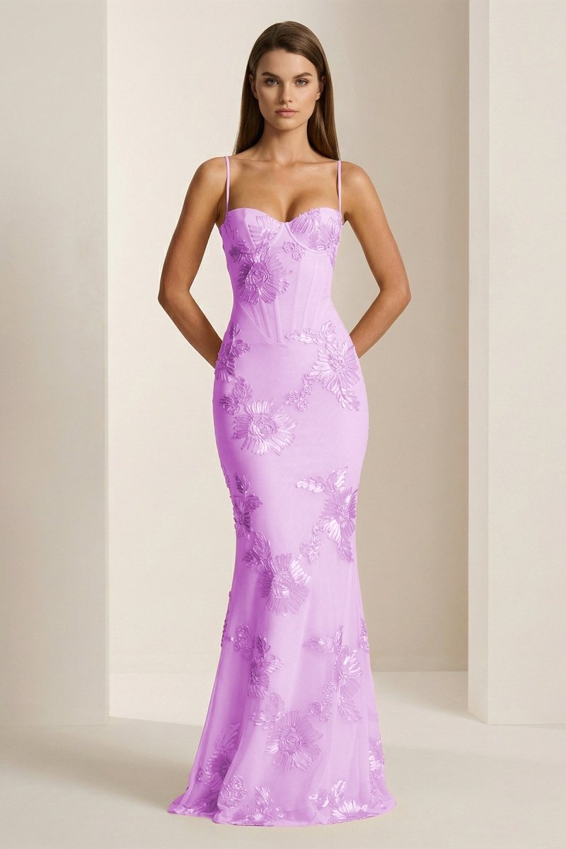 Yellow Spaghetti Straps Sheath Long Prom Dresses With Floral Embroidery - Curvevia