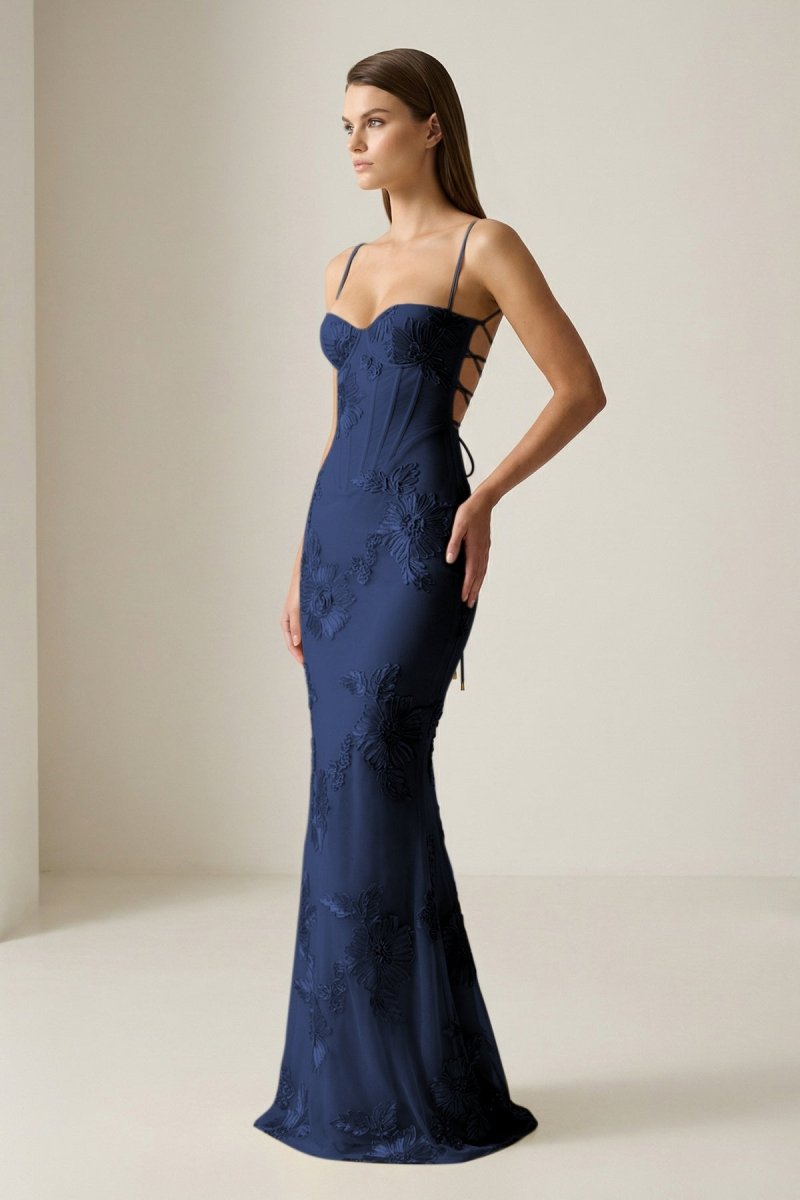 Yellow Spaghetti Straps Sheath Long Prom Dresses With Floral Embroidery - Curvevia