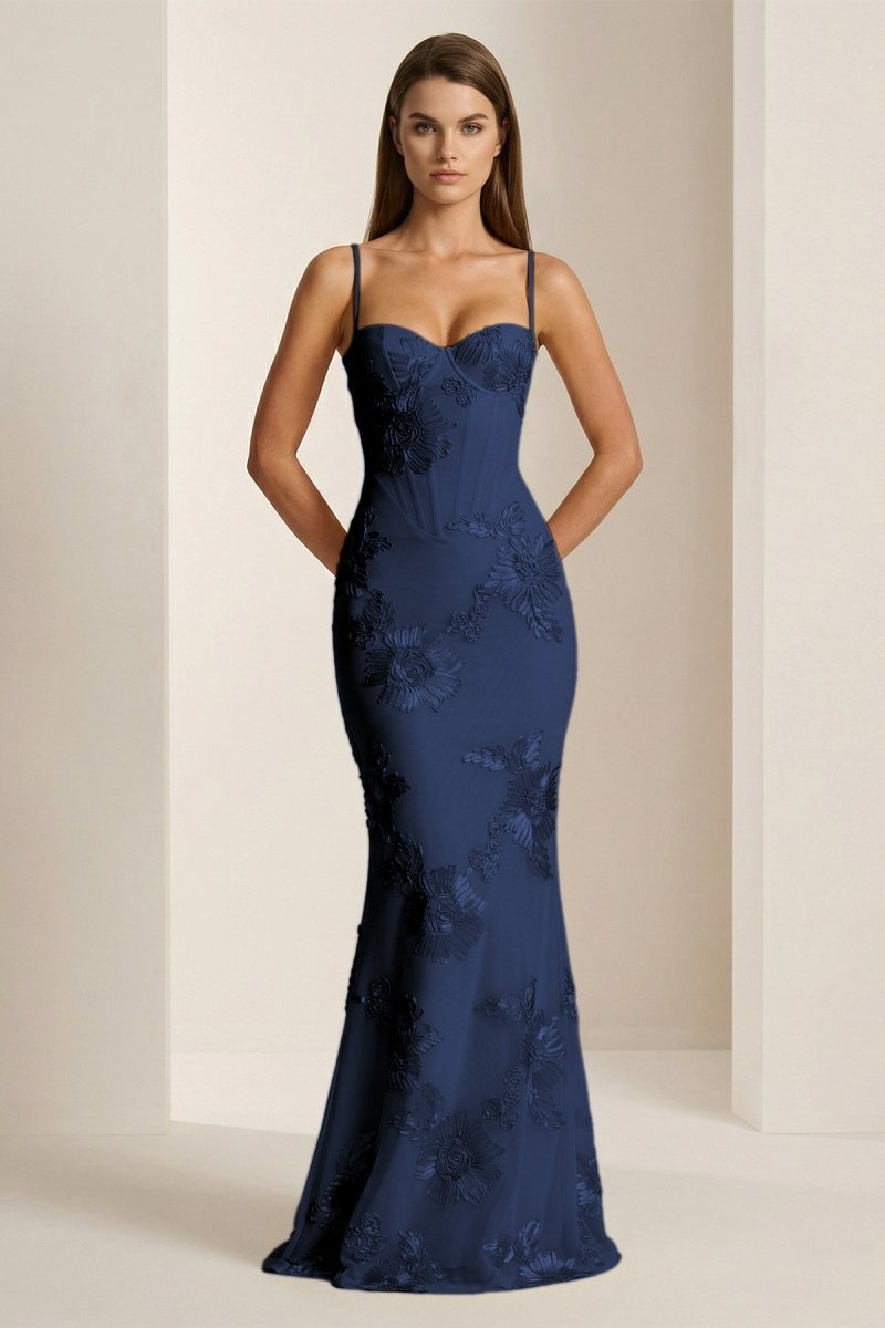Yellow Spaghetti Straps Sheath Long Prom Dresses With Floral Embroidery - Curvevia