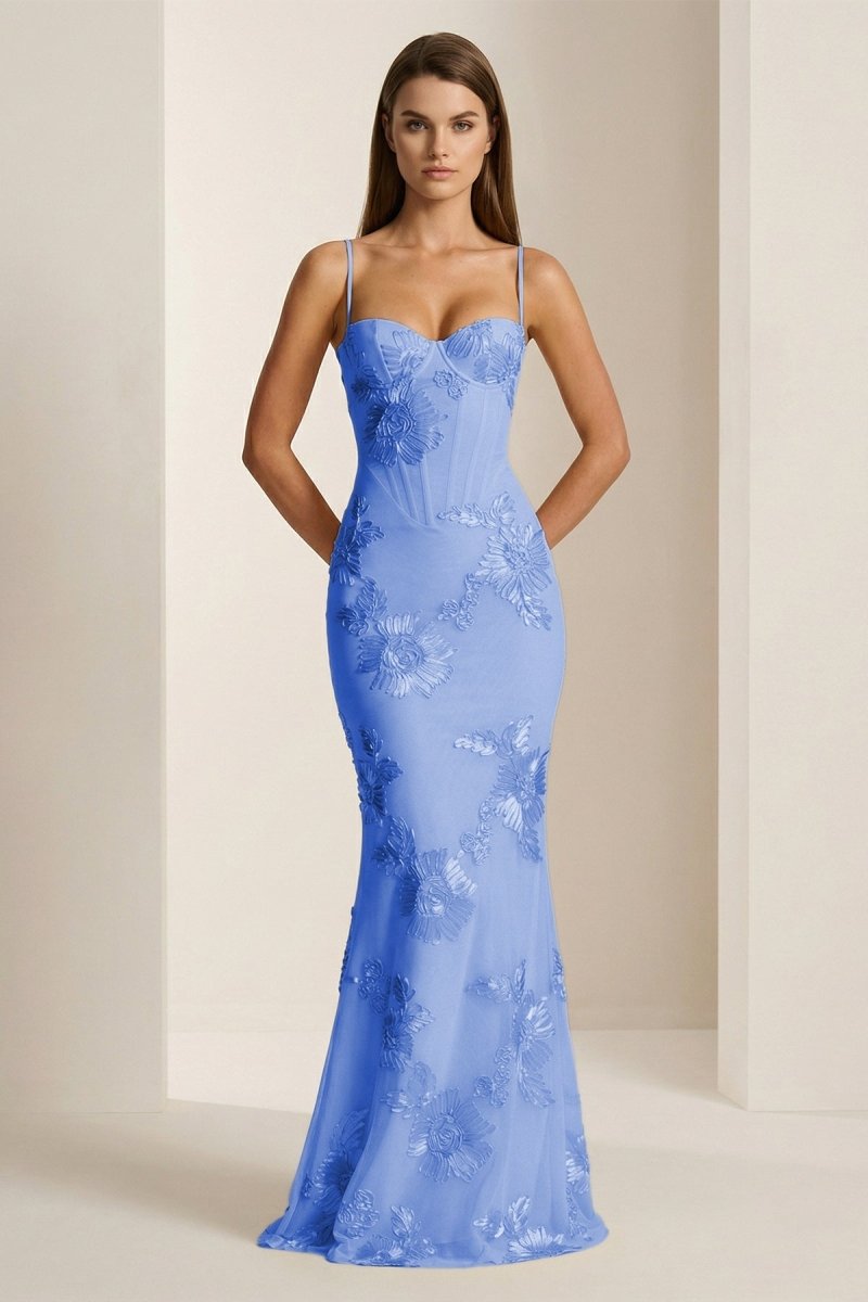 Yellow Spaghetti Straps Sheath Long Prom Dresses With Floral Embroidery - Curvevia