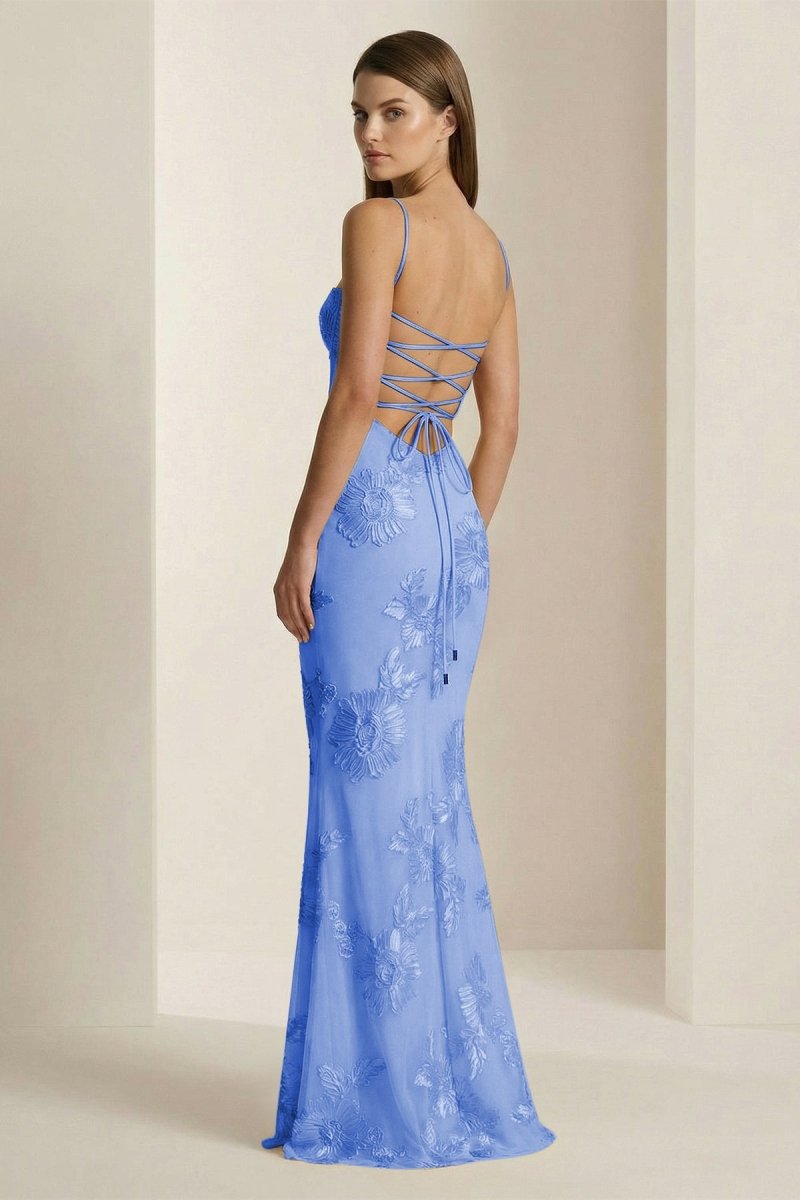 Yellow Spaghetti Straps Sheath Long Prom Dresses With Floral Embroidery - Curvevia