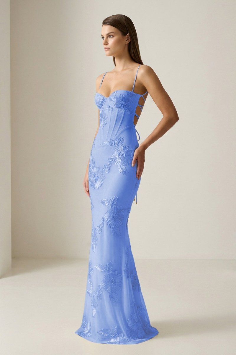 Yellow Spaghetti Straps Sheath Long Prom Dresses With Floral Embroidery - Curvevia