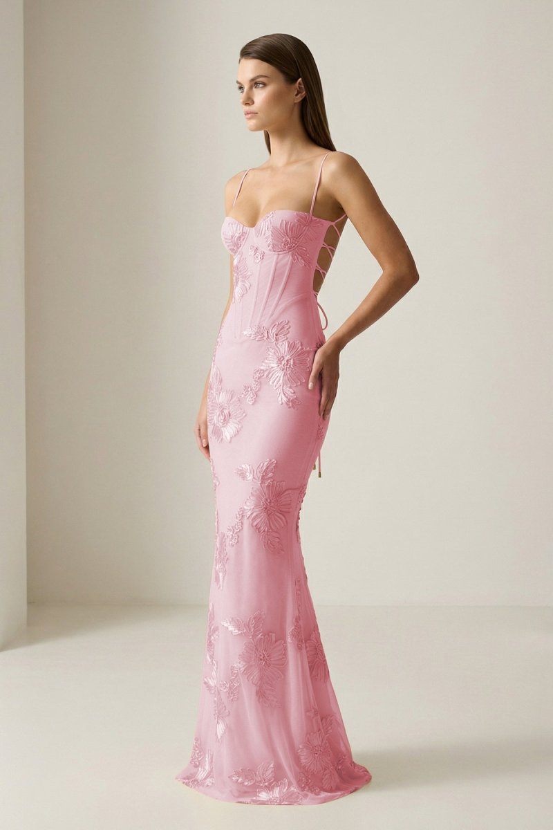 Yellow Spaghetti Straps Sheath Long Prom Dresses With Floral Embroidery - Curvevia