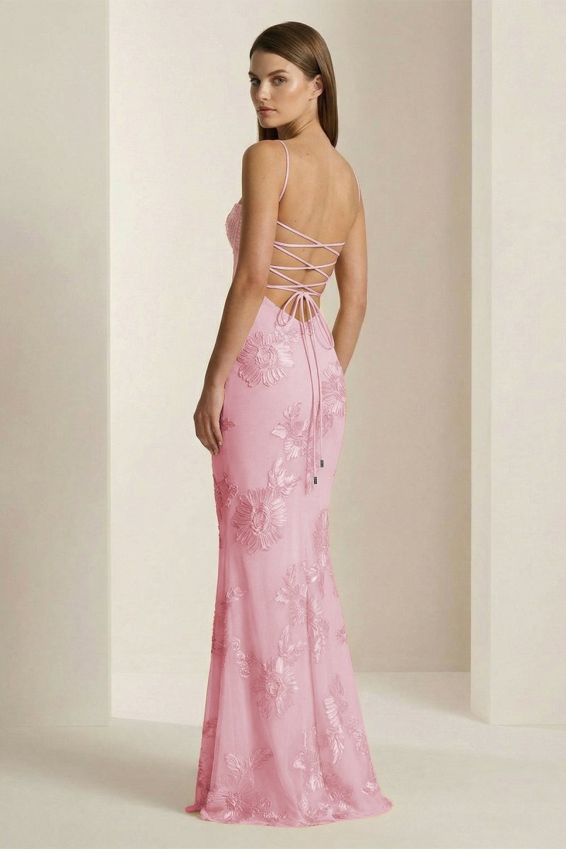 Yellow Spaghetti Straps Sheath Long Prom Dresses With Floral Embroidery - Curvevia