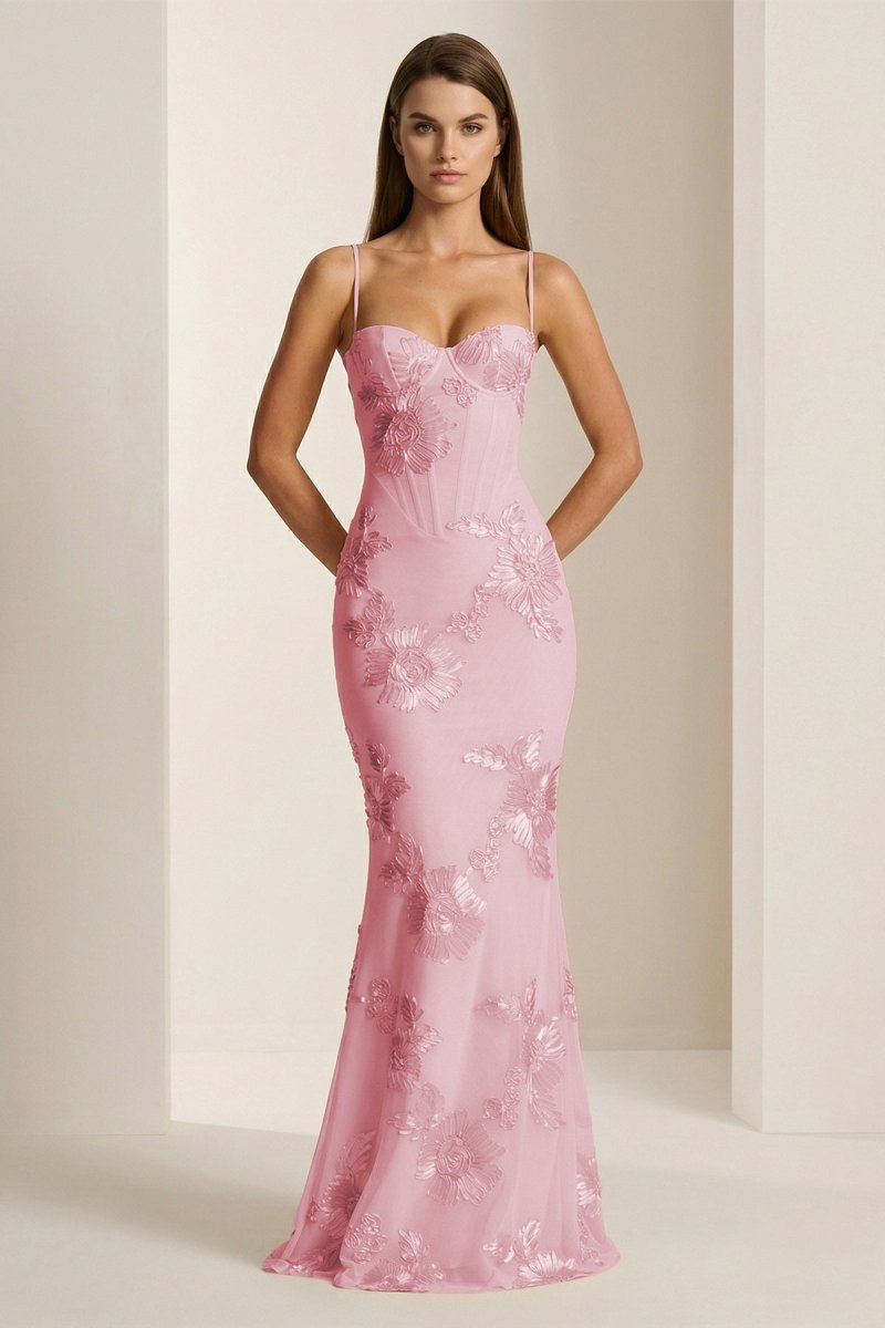 Yellow Spaghetti Straps Sheath Long Prom Dresses With Floral Embroidery - Curvevia