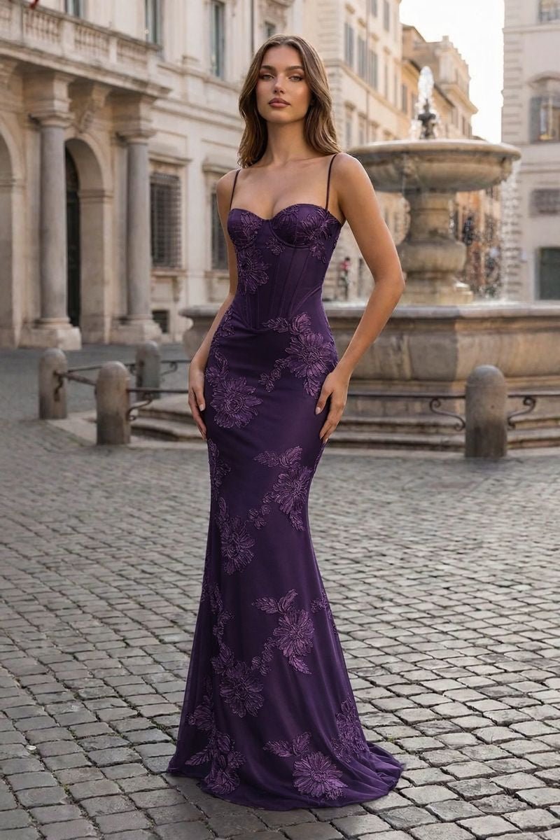 Yellow Spaghetti Straps Sheath Long Prom Dresses With Floral Embroidery - Curvevia