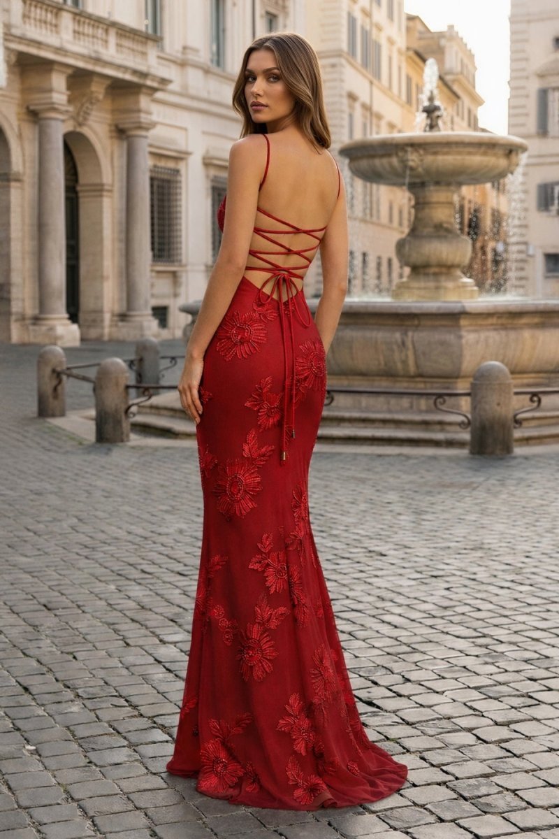 Yellow Spaghetti Straps Sheath Long Prom Dresses With Floral Embroidery - Curvevia