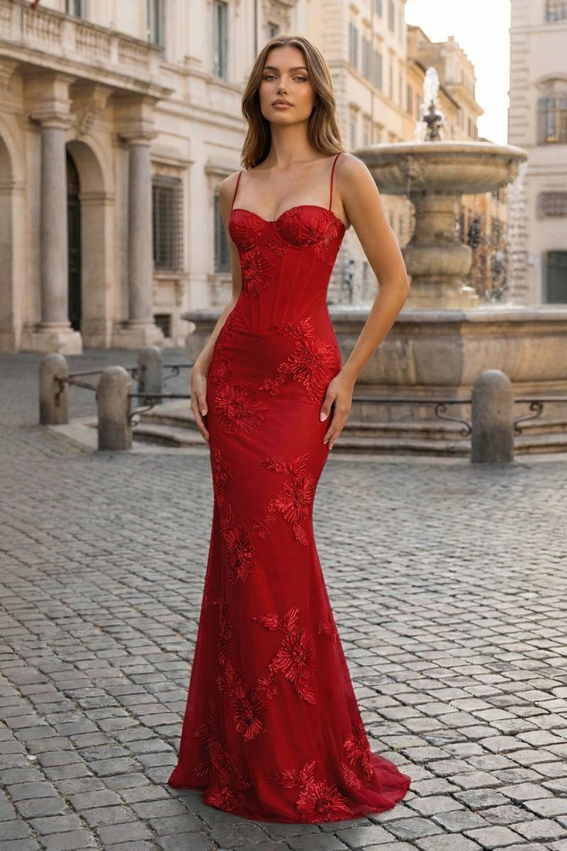 Yellow Spaghetti Straps Sheath Long Prom Dresses With Floral Embroidery - Curvevia
