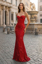 Yellow Spaghetti Straps Sheath Long Prom Dresses With Floral Embroidery - Curvevia