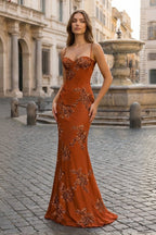 Yellow Spaghetti Straps Sheath Long Prom Dresses With Floral Embroidery - Curvevia