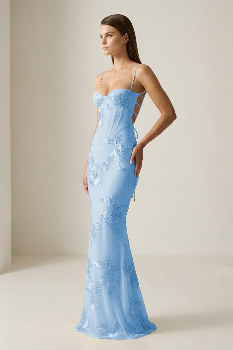 Yellow Spaghetti Straps Sheath Long Prom Dresses With Floral Embroidery - Curvevia