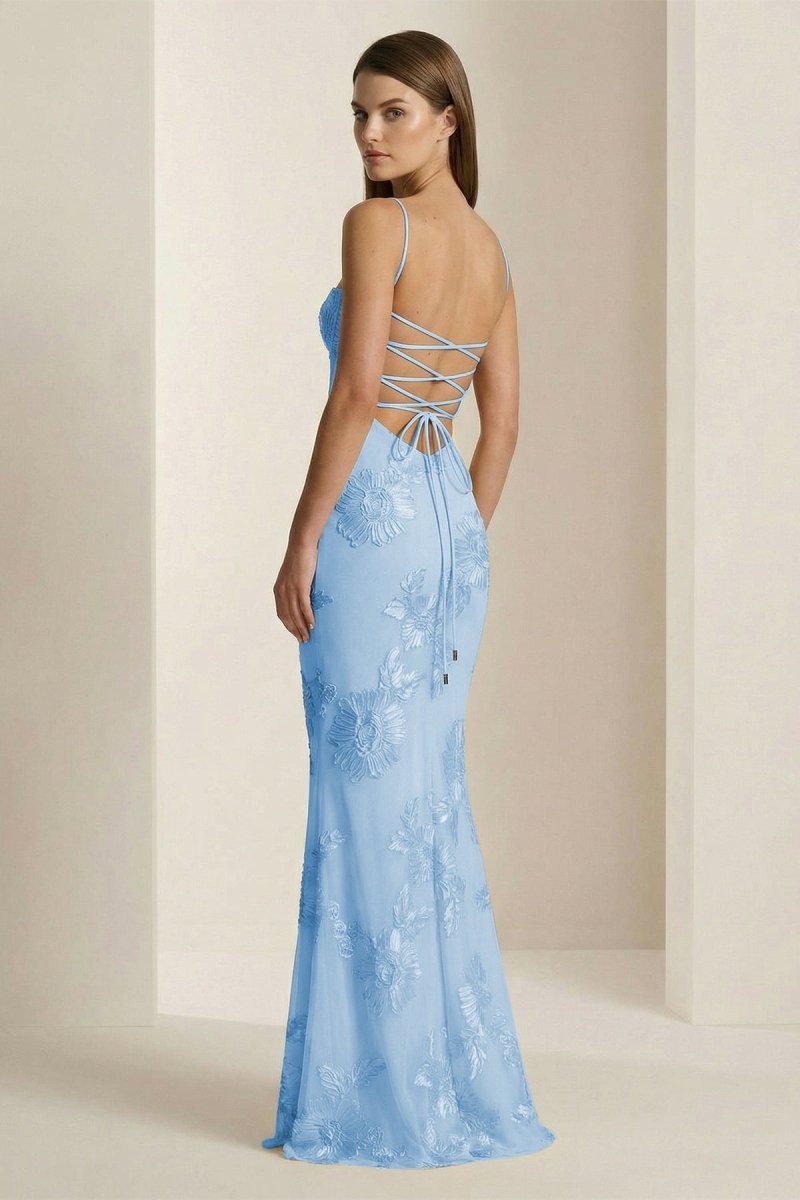 Yellow Spaghetti Straps Sheath Long Prom Dresses With Floral Embroidery - Curvevia