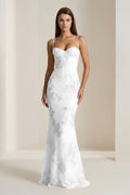 Yellow Spaghetti Straps Sheath Long Prom Dresses With Floral Embroidery - Curvevia
