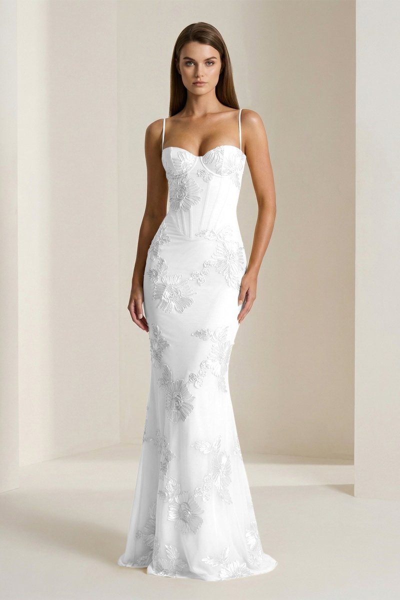 Yellow Spaghetti Straps Sheath Long Prom Dresses With Floral Embroidery - Curvevia