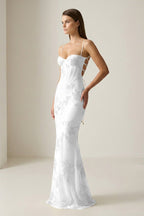 Yellow Spaghetti Straps Sheath Long Prom Dresses With Floral Embroidery - Curvevia