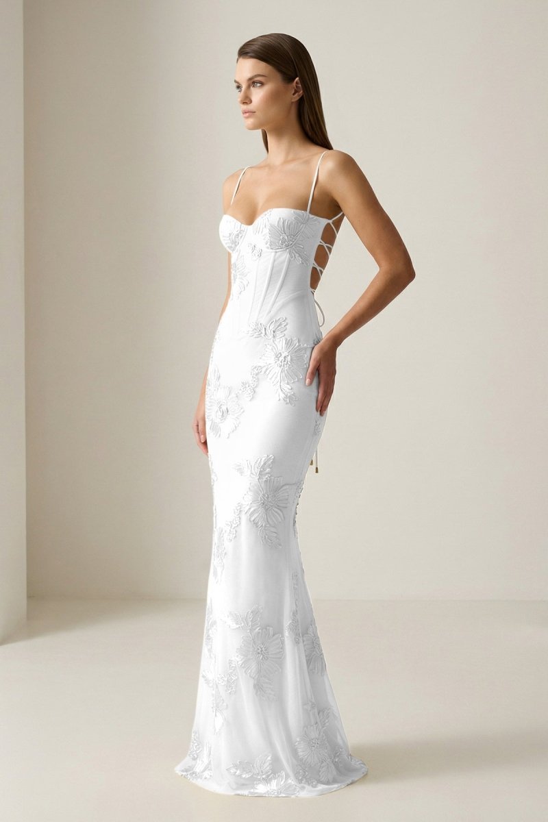 Yellow Spaghetti Straps Sheath Long Prom Dresses With Floral Embroidery - Curvevia