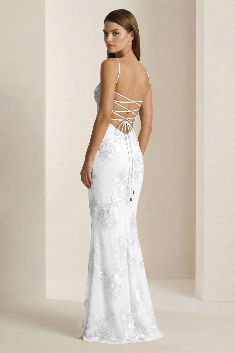 Yellow Spaghetti Straps Sheath Long Prom Dresses With Floral Embroidery - Curvevia
