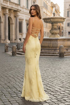 Yellow Spaghetti Straps Sheath Long Prom Dresses With Floral Embroidery - Curvevia