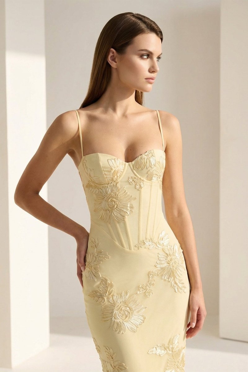 Yellow Spaghetti Straps Sheath Long Prom Dresses With Floral Embroidery - Curvevia