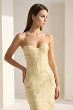 Yellow Spaghetti Straps Sheath Long Prom Dresses With Floral Embroidery - Curvevia