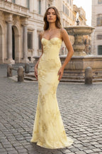 Yellow Spaghetti Straps Sheath Long Prom Dresses With Floral Embroidery - Curvevia