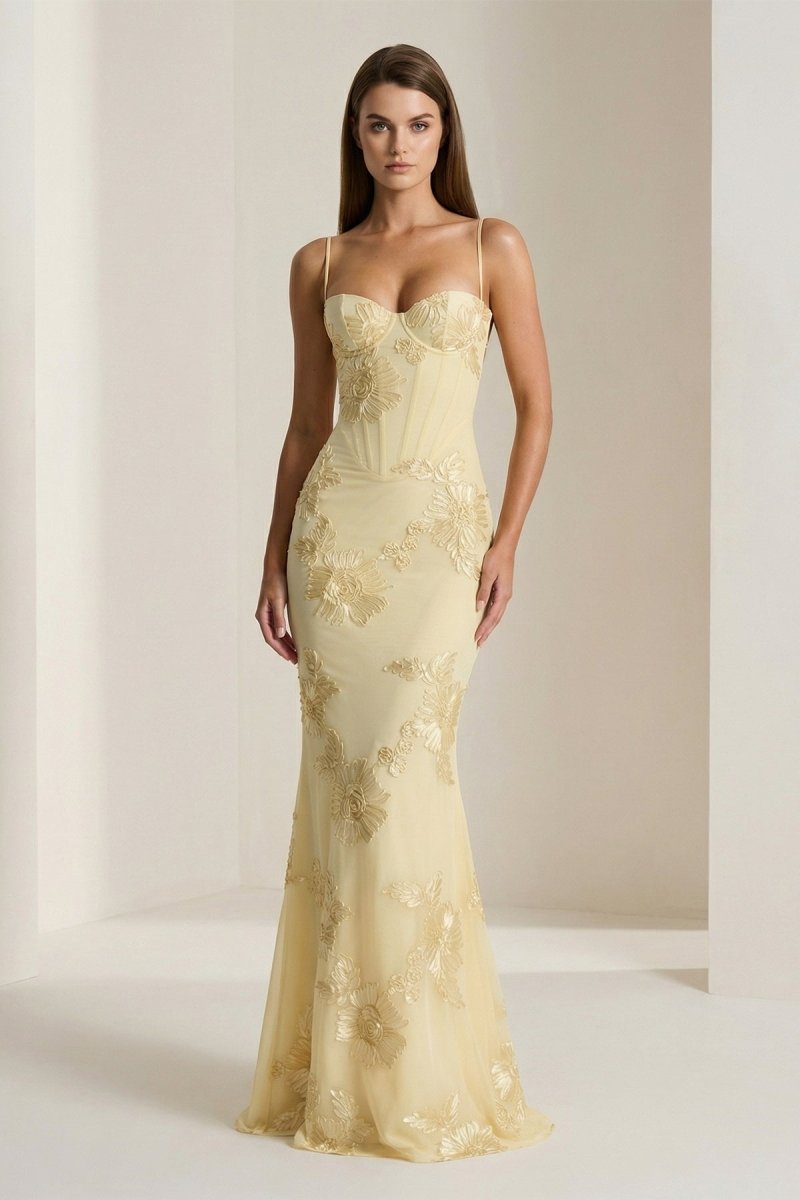 Yellow Spaghetti Straps Sheath Long Prom Dresses With Floral Embroidery - Curvevia