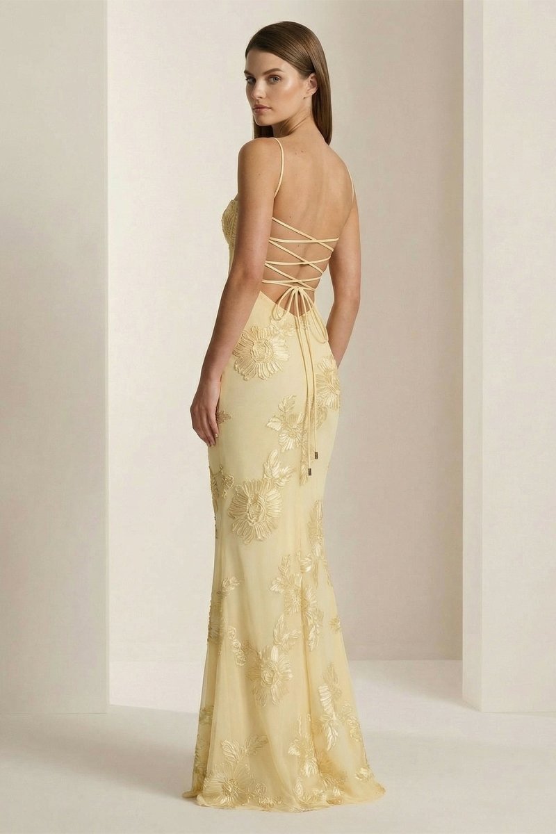 Yellow Spaghetti Straps Sheath Long Prom Dresses With Floral Embroidery - Curvevia
