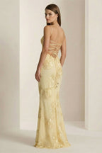 Yellow Spaghetti Straps Sheath Long Prom Dresses With Floral Embroidery - Curvevia